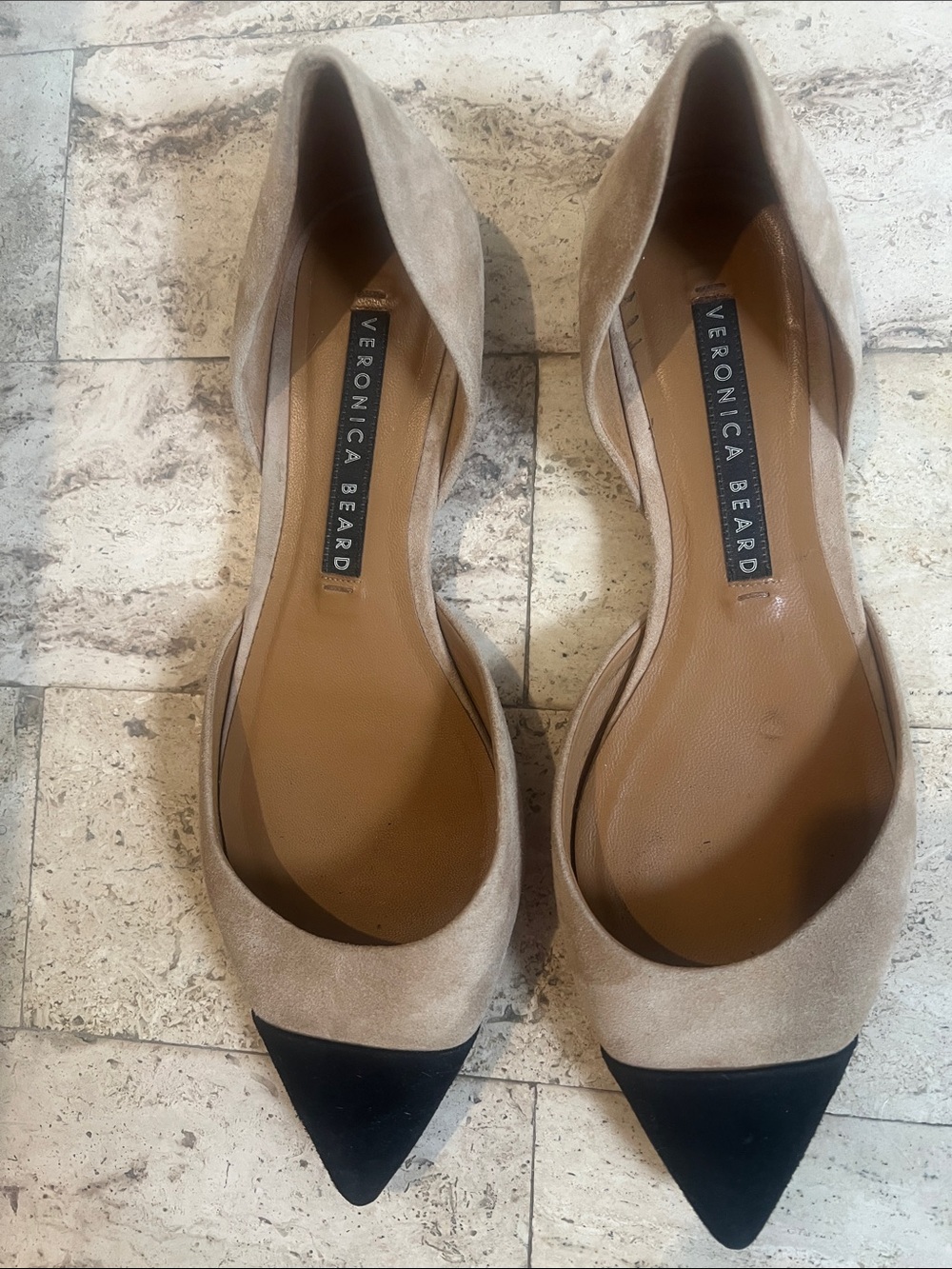 Veronica Beard Two-Tone Suede Pointed D'Orsay Flats in Beige and Black